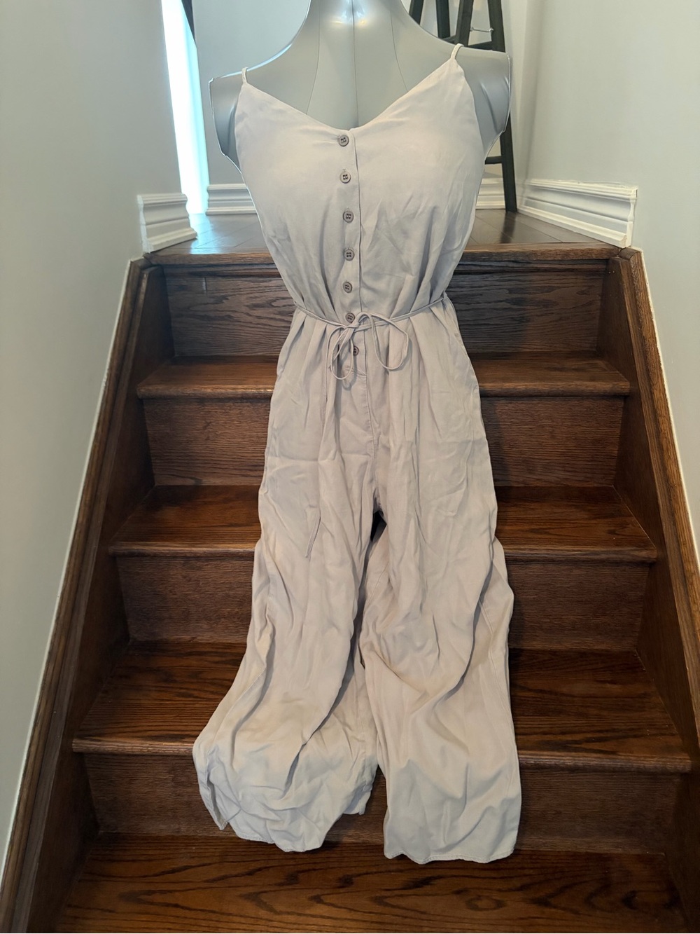 Sleeveless Button-Front Wide-Leg Jumpsuit in Grey